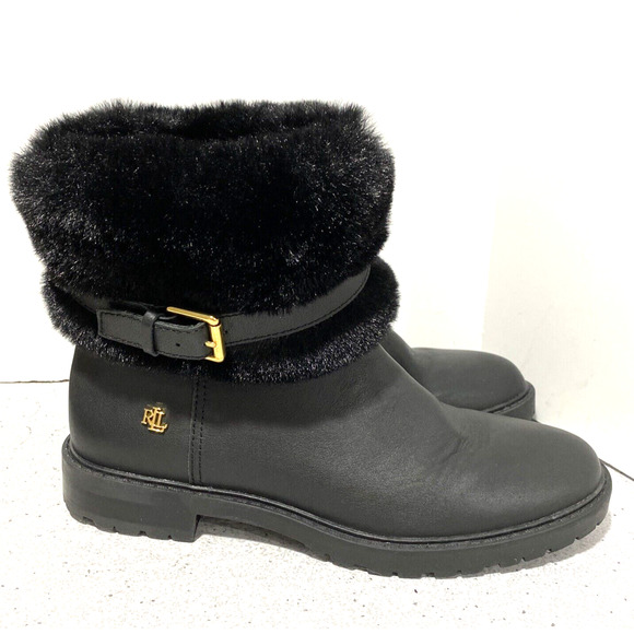 Lauren Ralph Lauren Evanston boots black leather and faux fur pull on style 8.5M - Picture 5 of 10